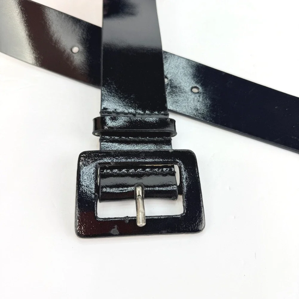 VTG RETRO Wide Nine West M Black Patent Leather Square Buckle Women Belt